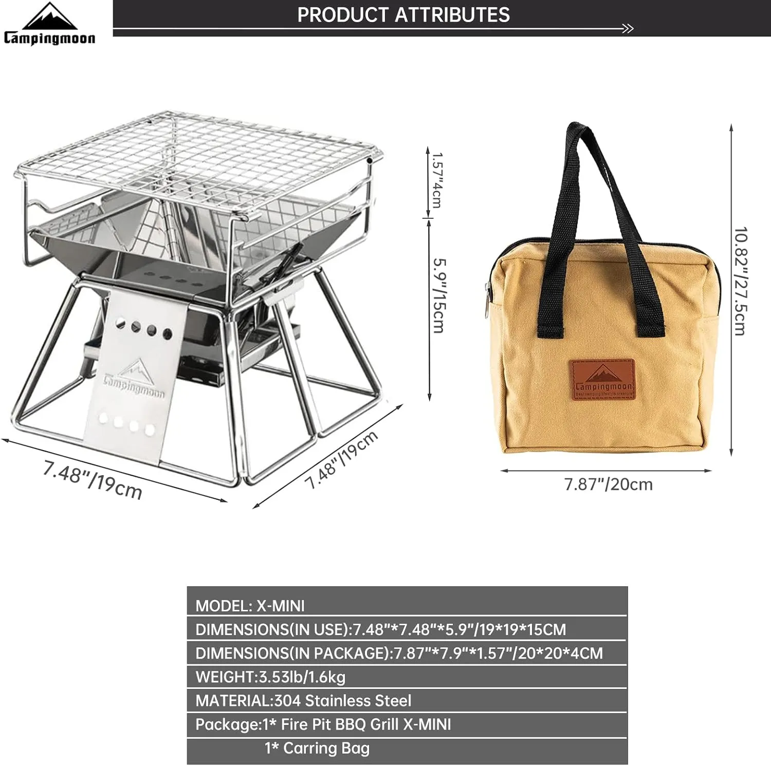 Campingmoon Portable Camping Fire Pit Campfire Grill,Folding Stainless Steel BBQ Grill for Outdoor Camp Travel Garden Cooking Picnic 1-2 People with Carrying Bag