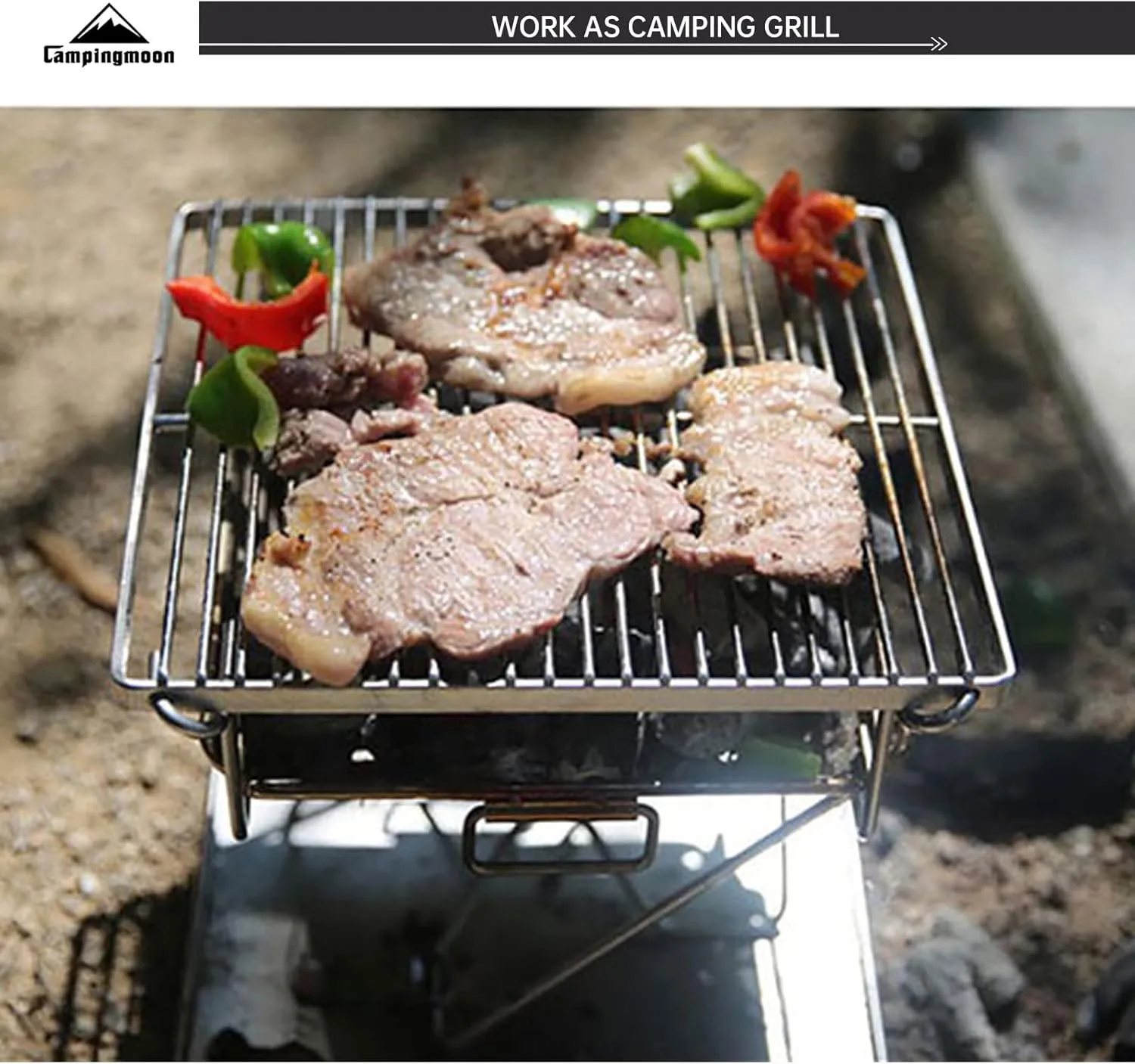 Campingmoon Portable Camping Fire Pit Campfire Grill,Folding Stainless Steel BBQ Grill for Outdoor Camp Travel Garden Cooking Picnic 1-2 People with Carrying Bag