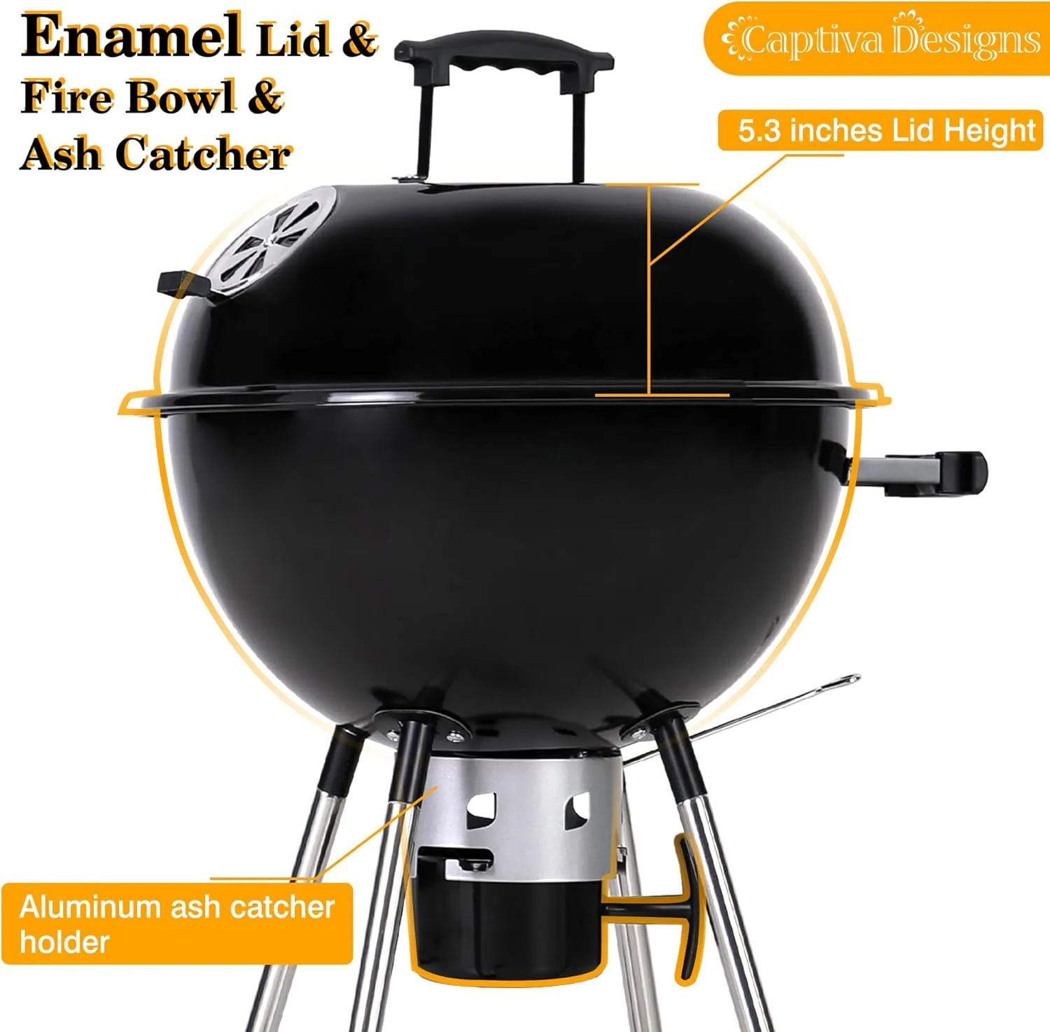 Captiva Designs 18-inch Kettle Charcoal BBQ Grill with Porcelain-Enameled Lid & Bowl, Thick Chromplated Grate, Slid Out Ash Catcher for Outdoor Cooking, Picnic, Patio, Backyard