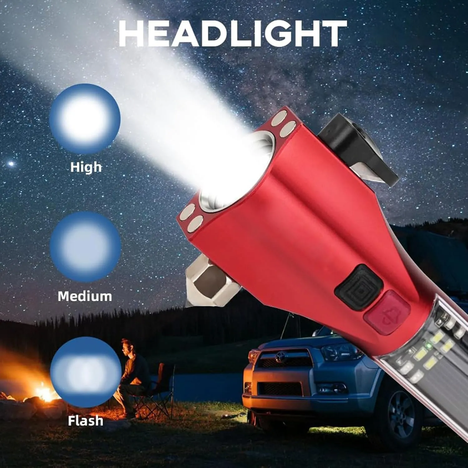 Car Glass Breaker Hammer with Flashlight, Multi-Function Rechargeable Emergency Escape tools with Window Breaker and Seatbelt Cutters,Bright Solar Torch， RescueAlarm Rescue, Strobe SOS Beacon
