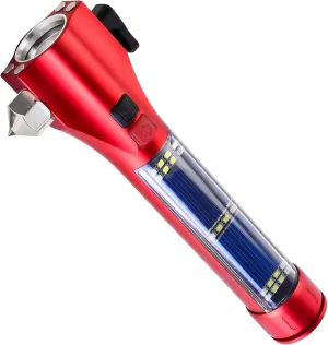 Car Glass Breaker Hammer with Flashlight, Multi-Function Rechargeable Emergency Escape tools with Window Breaker and Seatbelt Cutters,Bright Solar Torch， RescueAlarm Rescue, Strobe SOS Beacon