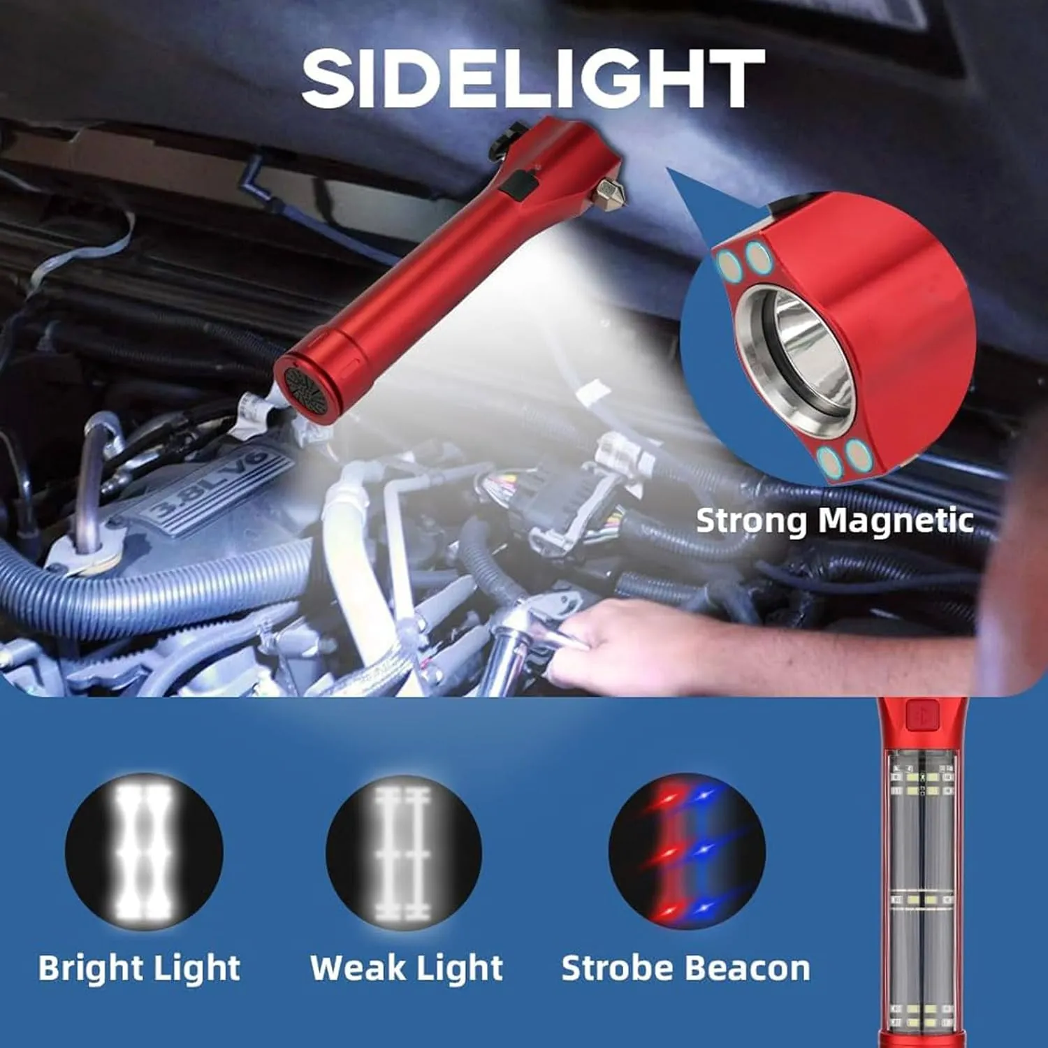 Car Glass Breaker Hammer with Flashlight, Multi-Function Rechargeable Emergency Escape tools with Window Breaker and Seatbelt Cutters,Bright Solar Torch， RescueAlarm Rescue, Strobe SOS Beacon