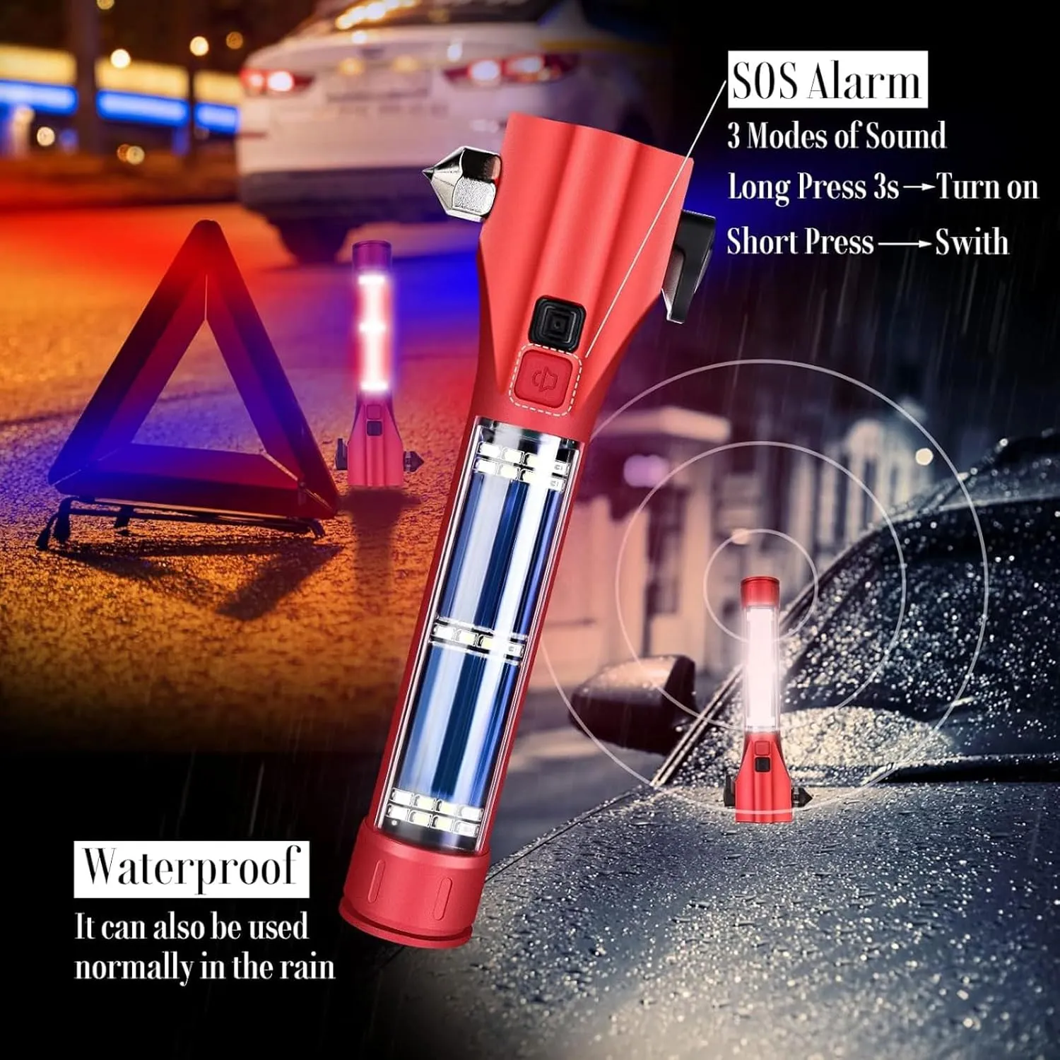 Car Glass Breaker Hammer with Flashlight, Multi-Function Rechargeable Emergency Escape tools with Window Breaker and Seatbelt Cutters,Bright Solar Torch， RescueAlarm Rescue, Strobe SOS Beacon