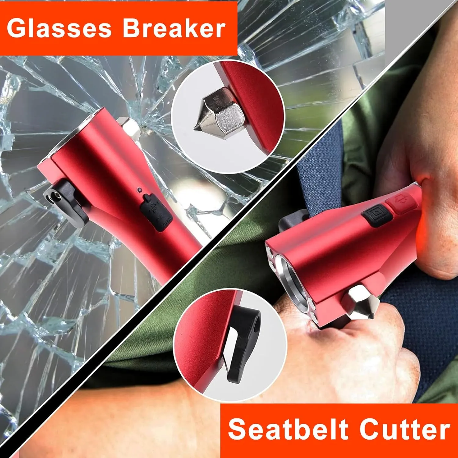 Car Glass Breaker Hammer with Flashlight, Multi-Function Rechargeable Emergency Escape tools with Window Breaker and Seatbelt Cutters,Bright Solar Torch， RescueAlarm Rescue, Strobe SOS Beacon