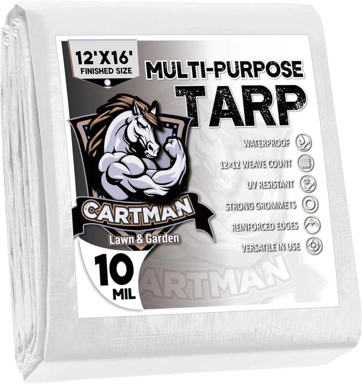 CARTMAN Finished Size 12x16 Feet 10 Mil White Heavy Duty Poly Tarp, Multipurpose Protective Cover, UV Resistant, Waterproof Poly Tarpaulin with Reinforced Edges Tarpaulin with Reinforced Edges
