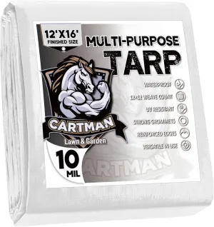 CARTMAN Finished Size 12x16 Feet 10 Mil White Heavy Duty Poly Tarp, Multipurpose Protective Cover, UV Resistant, Waterproof Poly Tarpaulin with Reinforced Edges Tarpaulin with Reinforced Edges