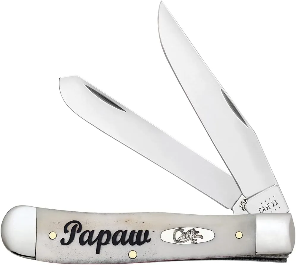 Case XX WR POCKET KNIFE TRAPPER GIFT TIN - EMBELLISHED NATURAL SMOOTH BONE - PAPAW, ITEM 10430, LENGTH CLOSED 4 1/8 INCH (6254 SS)