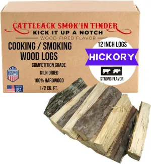 Cattleack Smok'in Tinder Logs, Cooking, Smoking, Grilling, Master BBQ - USA Smoking Wood Logs, 12" Length, Up to 3" Wide, Comes in 12"x12"x6" Box, 1/2 Cu. Ft., Secret to Smoky Perfection (Hickory)