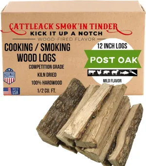 Cattleack Smok'in Tinder Logs, Cooking, Smoking, Grilling, Master BBQ - USA Smoking Wood Logs, 12" Length, Up to 3" Wide, Comes in 12"x12"x6" Box, 1/2 Cu. Ft., Secret to Smoky Perfection (Post Oak)