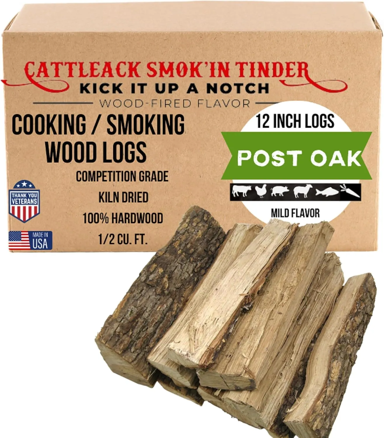 Cattleack Smok'in Tinder Logs, Cooking, Smoking, Grilling, Master BBQ - USA Smoking Wood Logs, 12" Length, Up to 3" Wide, Comes in 12"x12"x6" Box, 1/2 Cu. Ft., Secret to Smoky Perfection (Post Oak)