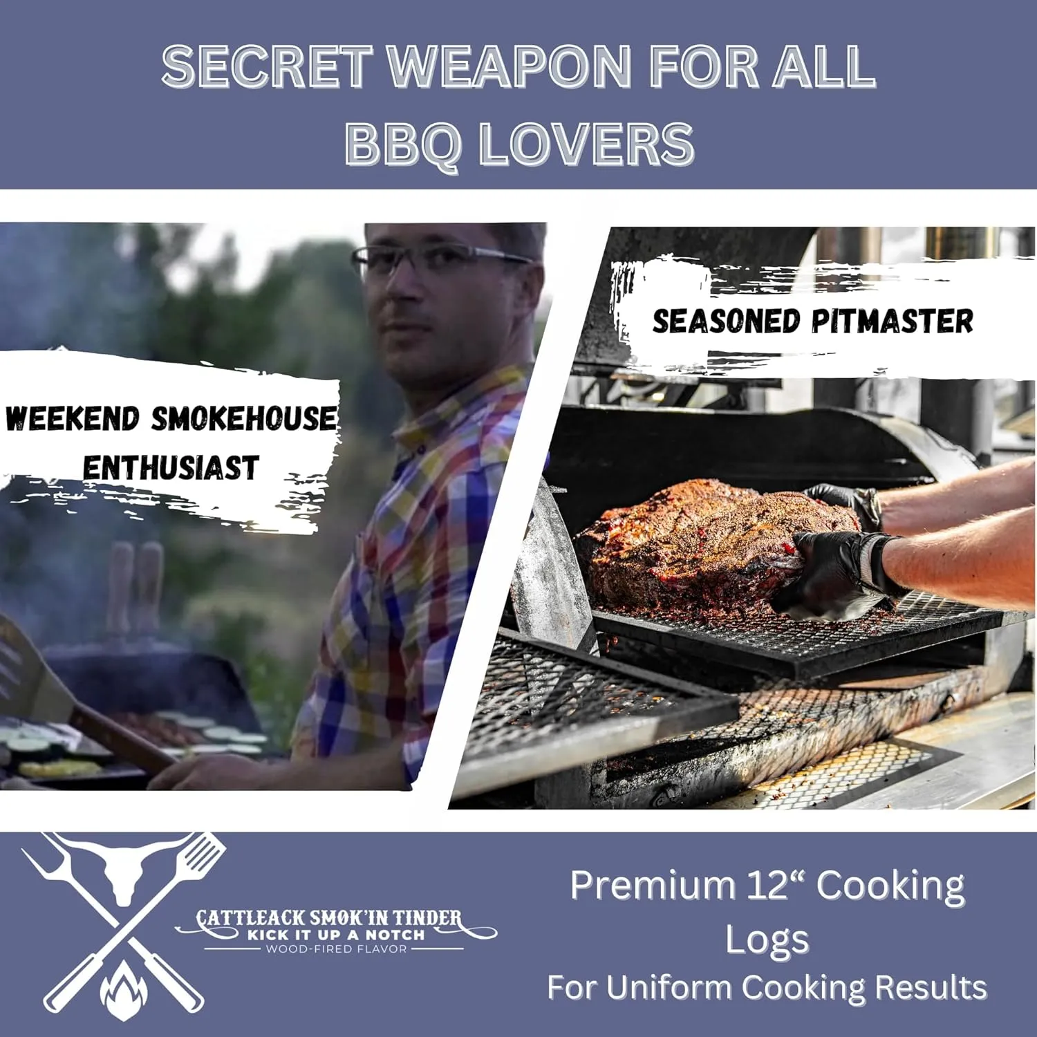 Cattleack Smok'in Tinder Logs, Cooking, Smoking, Grilling, Master BBQ - USA Smoking Wood Logs, 12" Length, Up to 3" Wide, Comes in 12"x12"x6" Box, 1/2 Cu. Ft., Secret to Smoky Perfection (Post Oak)
