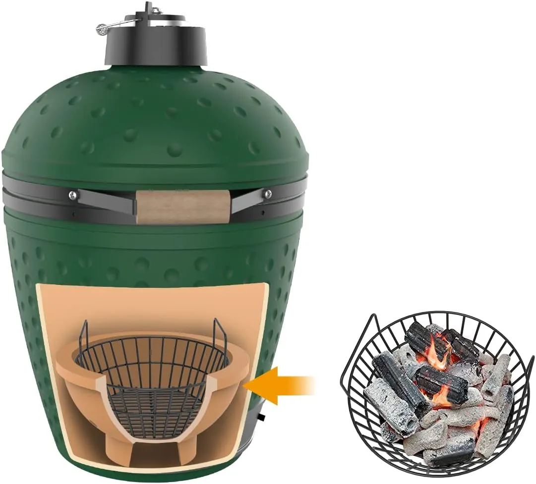 Charcoal Ash Basket for Large Big Green Egg Grill, Heavy Duty Porcelain Steel Fire Basket also Fits Kamado Joe Classic, Compatible with Pit Boss, for Louisiana Grills, for Primo Kamado Grill, Fits Large Grill Dome
