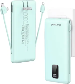Charmast Portable Charger with Built-in Cables and Plug, 10000mAh USB C Power Bank Fast Charging 15W, External Battery Pack Slim, Travel Essentials Compatible with 16 15 14 13, Samsung Galaxy, iPad