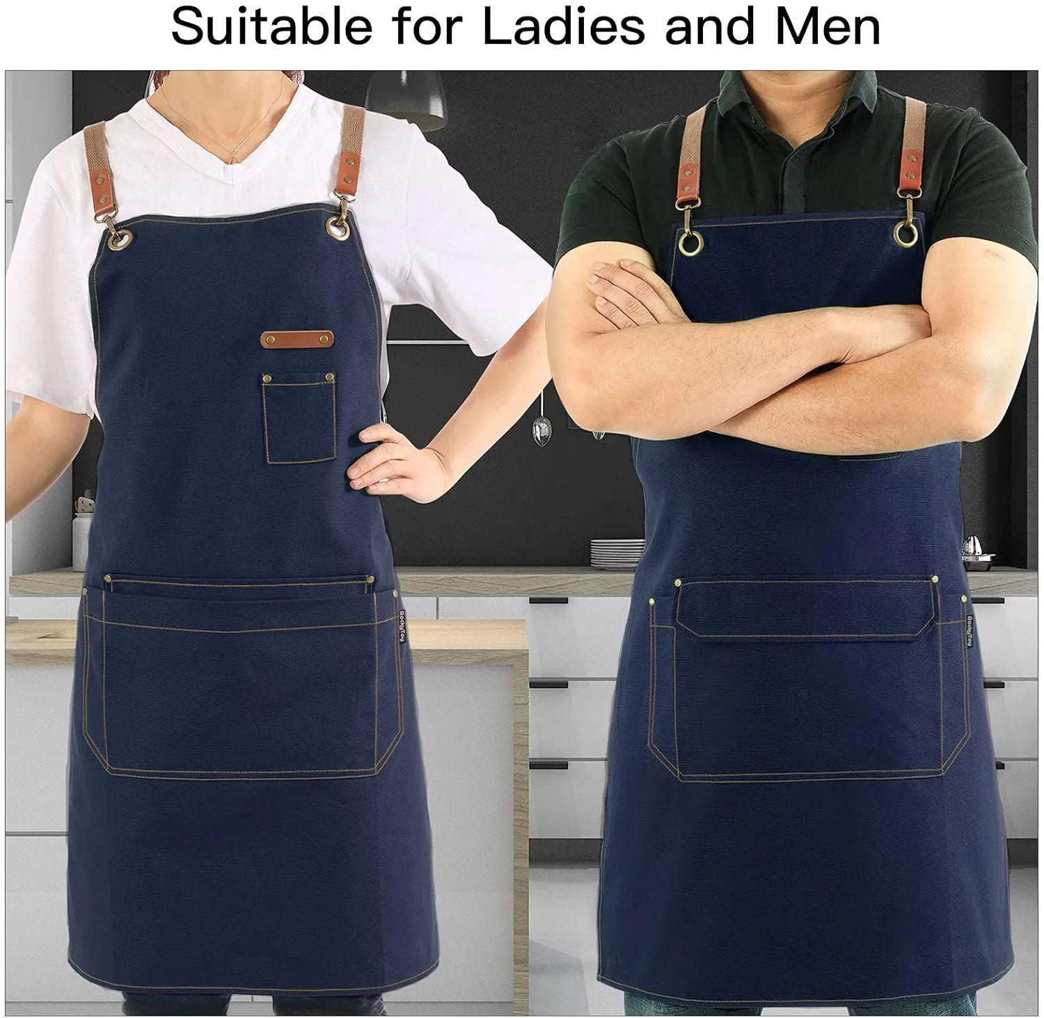 Chef Apron with Cross Back Straps for Men Women, Cotton Canvas Apron for Artists Painting, Kitchen Cooking