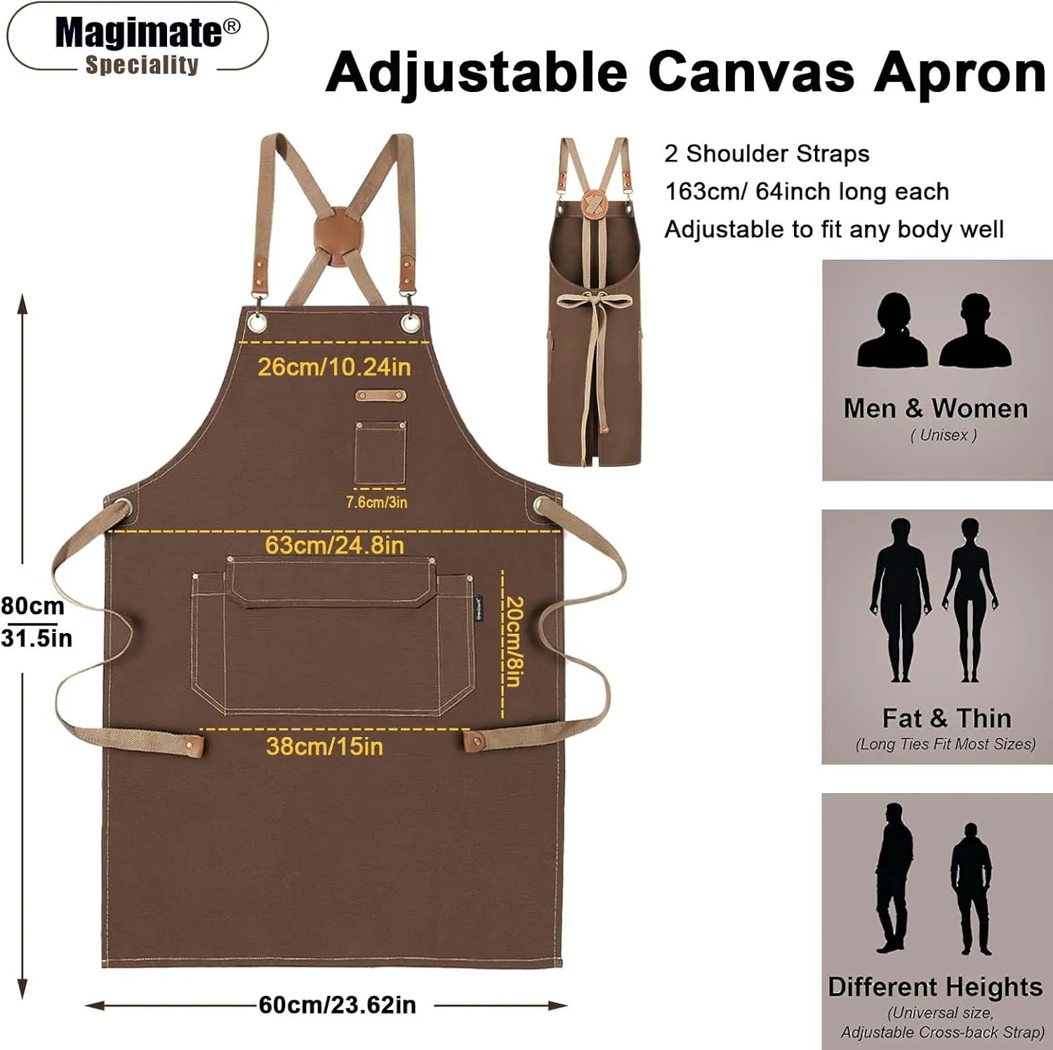 Chef Apron with Cross Back Straps for Men Women, Cotton Canvas Apron for Artists Painting, Kitchen Cooking