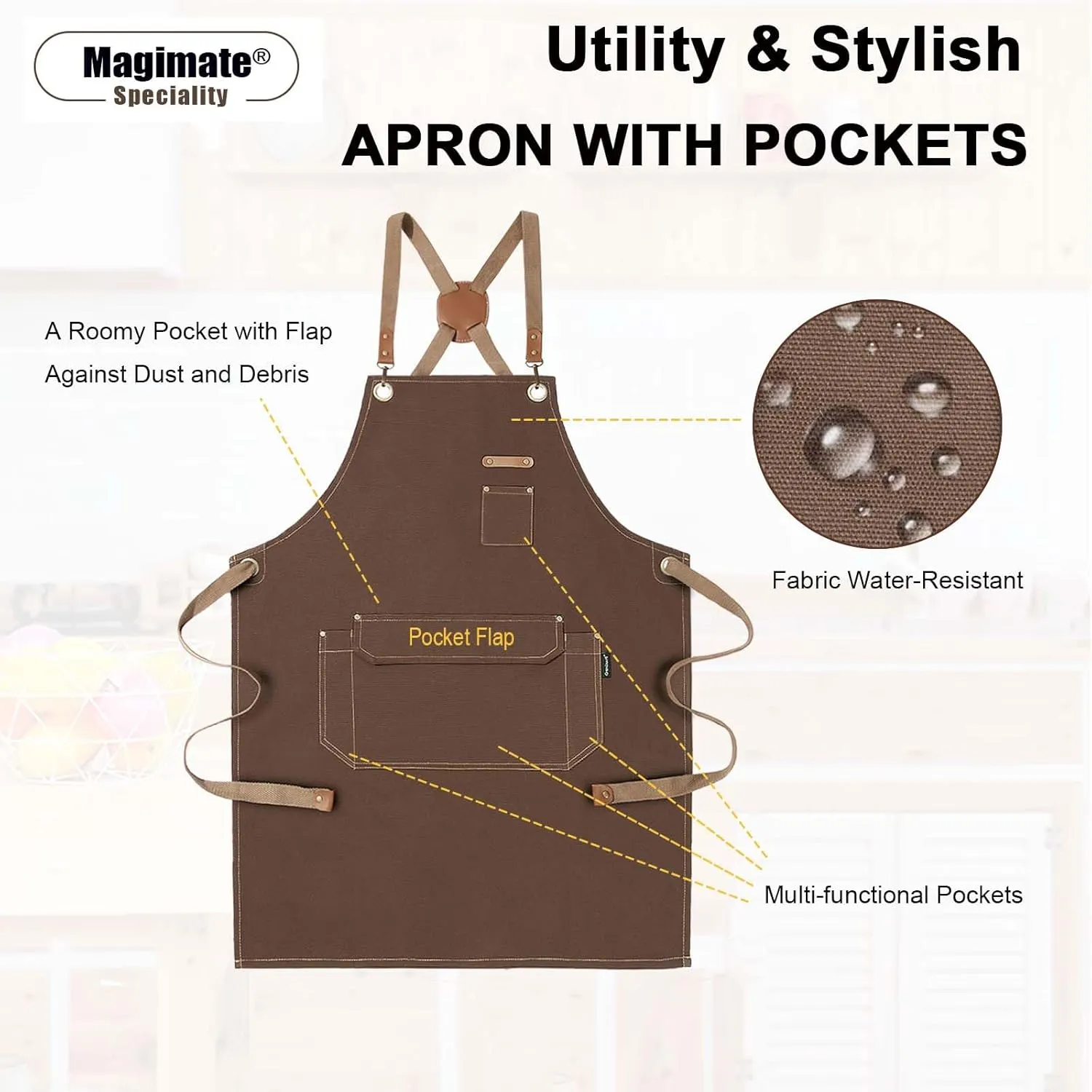 Chef Apron with Cross Back Straps for Men Women, Cotton Canvas Apron for Artists Painting, Kitchen Cooking