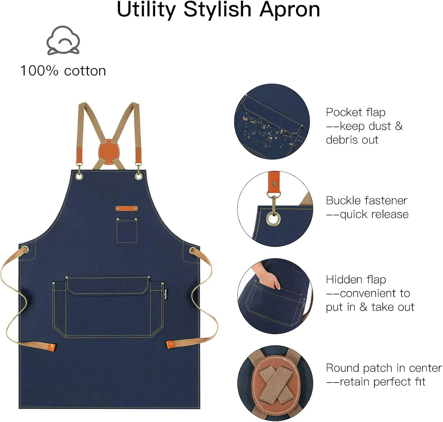 Chef Apron with Cross Back Straps for Men Women, Cotton Canvas Apron for Artists Painting, Kitchen Cooking
