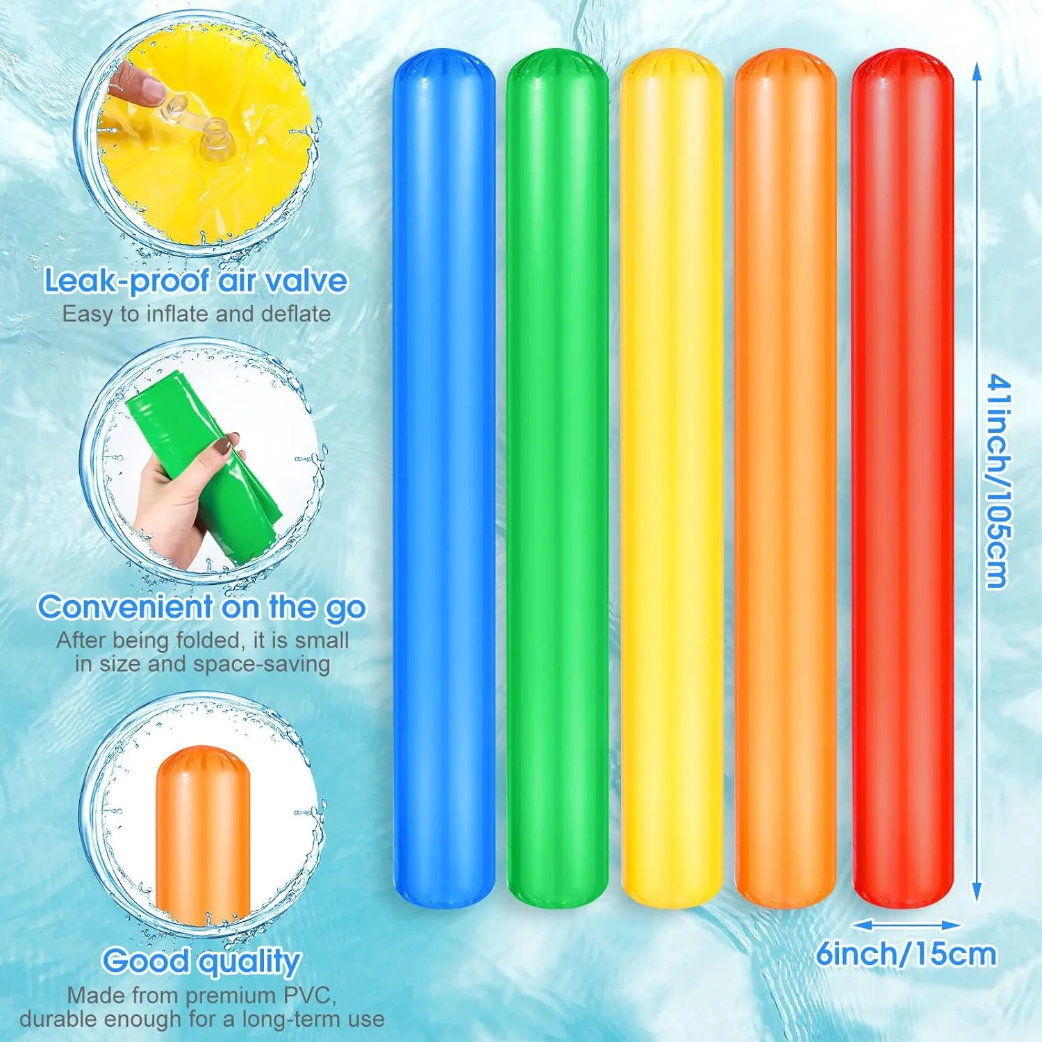 Chivao Pool Inflatable Sticks 41.3 Inch Noodles Colorful PVC Swimming Noodles for Adults Float, Water Games Toy for Beaches & Pool Parties