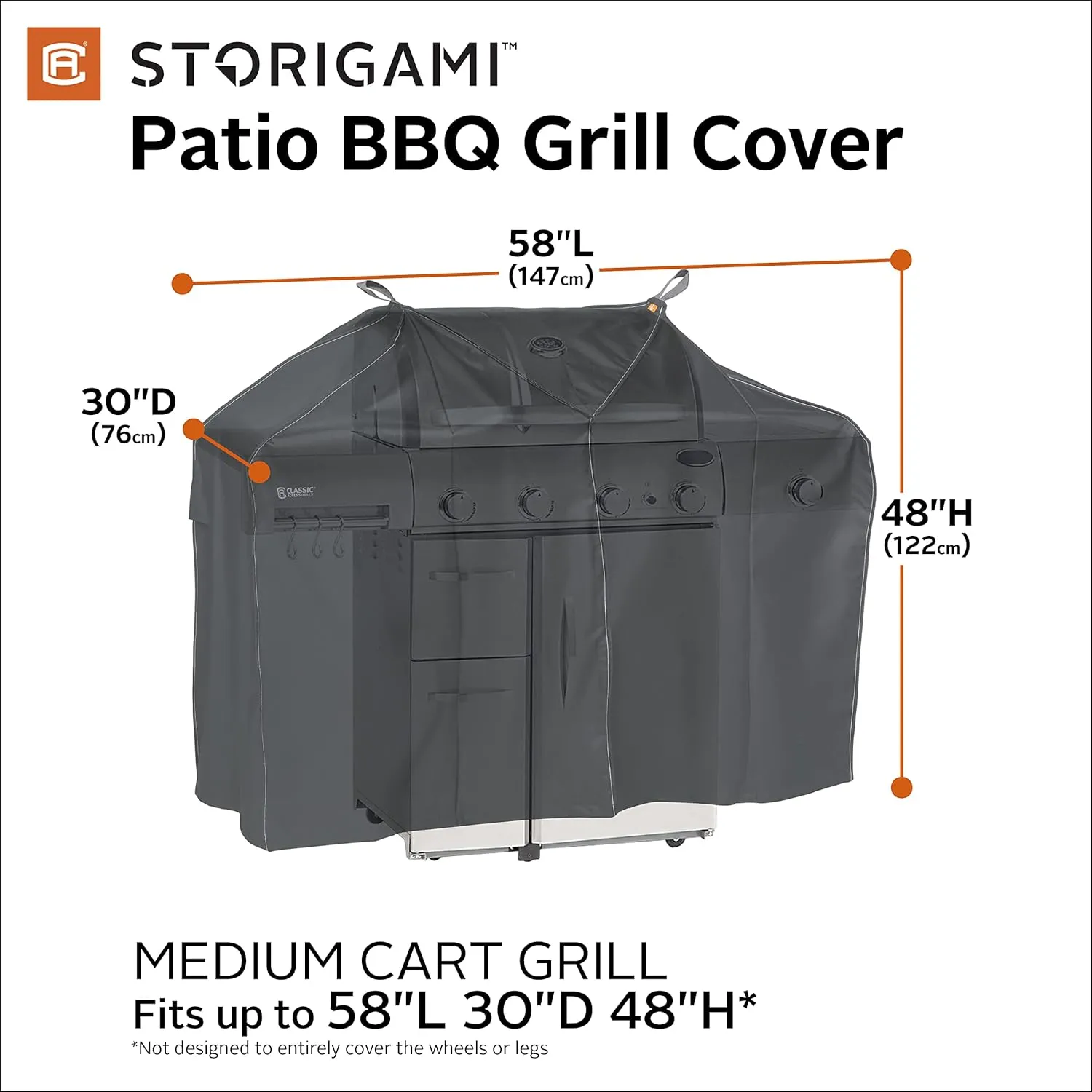 Classic Accessories Storigami Easy Fold Water-Resistant 58 Inch BBQ Grill Cover, Charcoal Black, Grill Cover, Grill Cover for Outdoor Grill, BBQ Cover