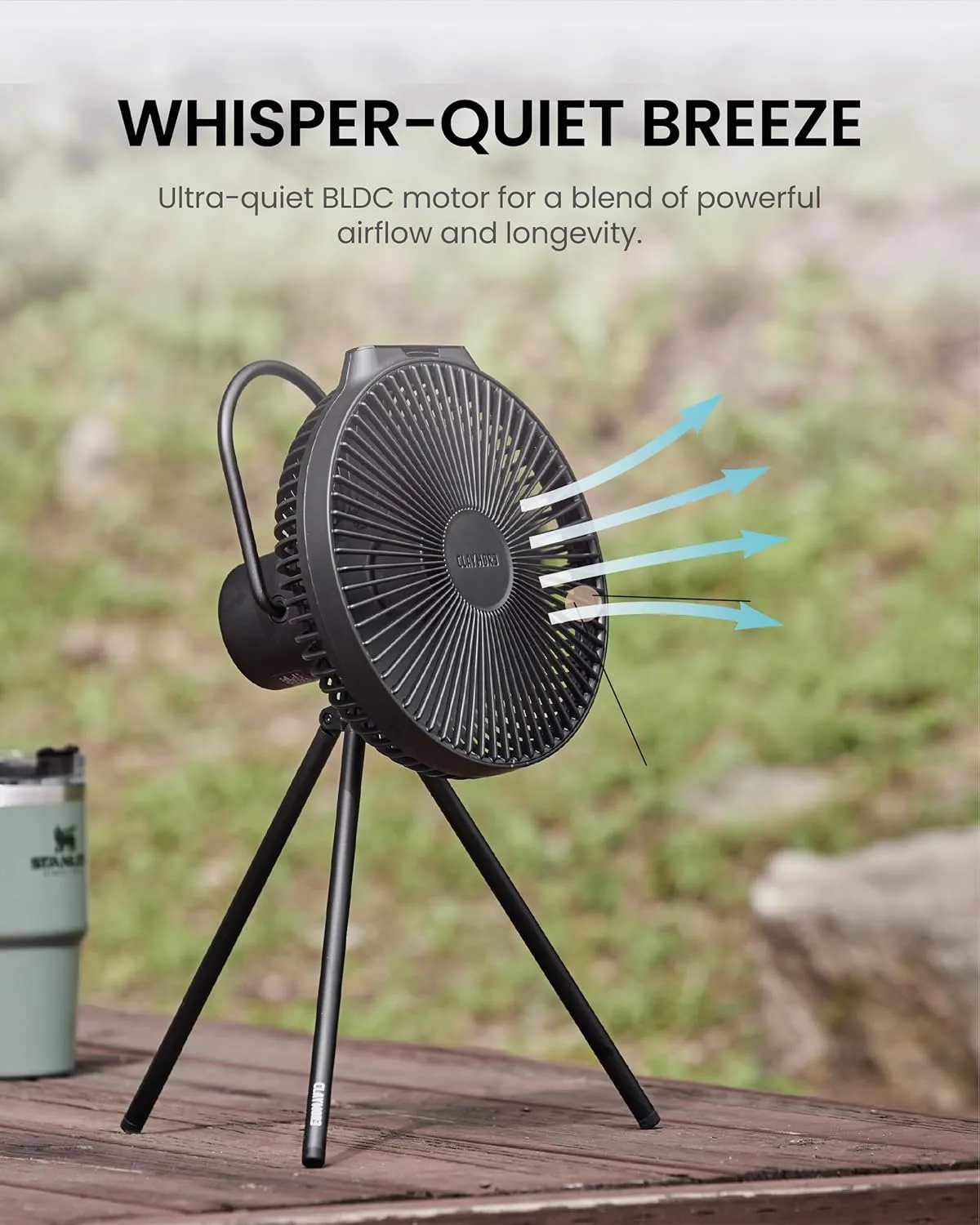 Claymore V1040 Fan (Black) - Premium Rechargeable Portable Air Circulator. Powerful, Quiet with Large 10,400mAh Battery, Versatile Stand & Remote Control. Up to 23 Hours Runtime, All Seasons.