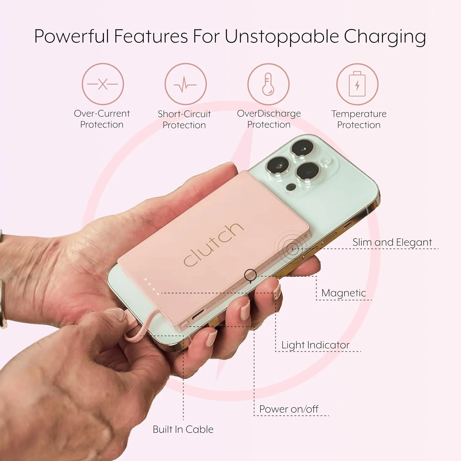 Clutch - Pro Portable Charger - Compatible with Apple Phones & Small Devices - Power Bank - Magnetic Battery Pack - TSA Approved Travel Charger - USB Rechargeable - Built-in Cable - 3.7oz - Pink