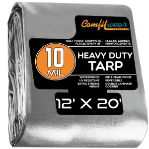 COMFITWEAR Super Heavy Duty Tarp Cover Reinforced Grommet Multi-Purpose Pool Cover Boat Tarp Camping Tarp UV Resistant Waterproof Tarpaulin Canopy Tent Waterproof Tarp Cover (Silver-Black, 20' X 40')