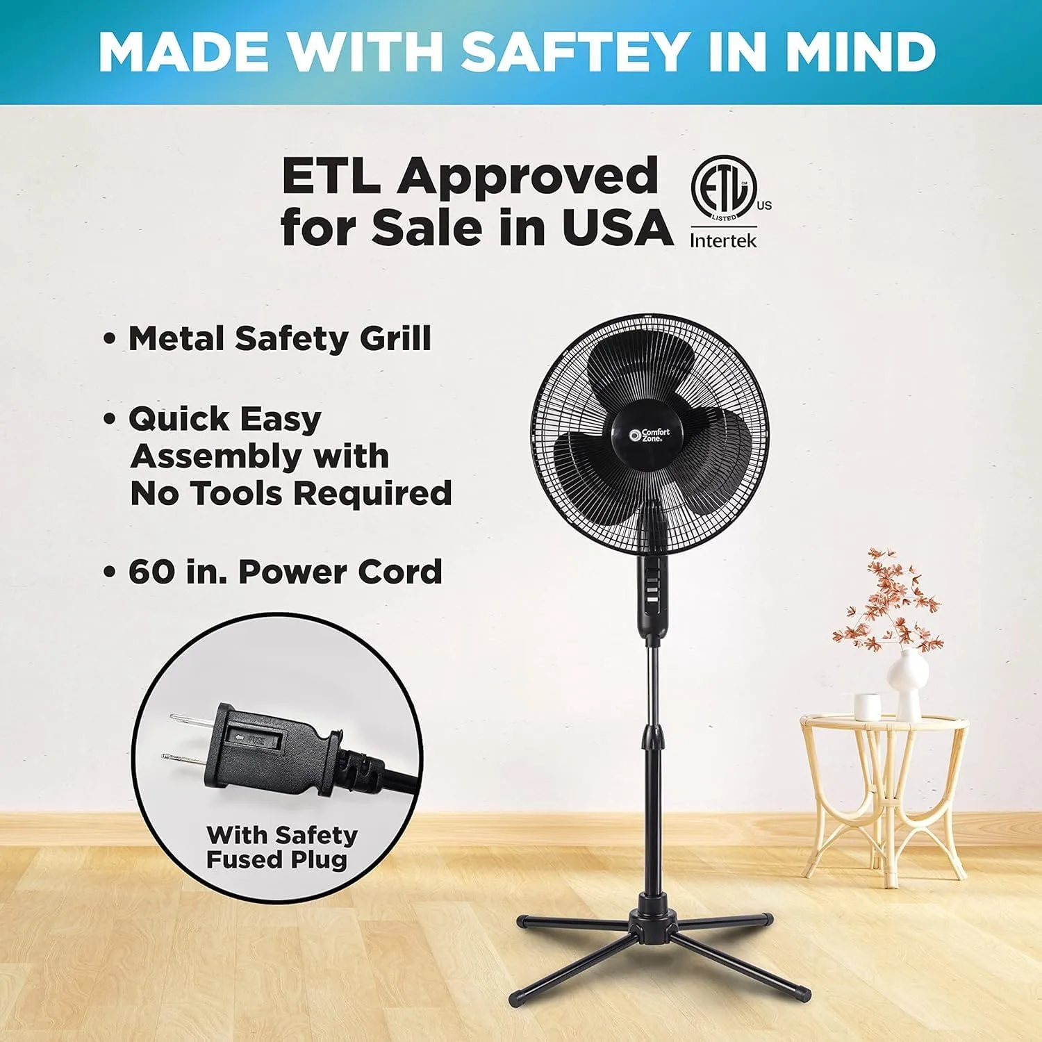 Comfort Zone Electric Oscillating Pedestal Fan, Stand Fan, 16 inch, 3 Speed, 90 Degree Oscillating Head, Adjustable Height and Tilt, Airflow 7.48 ft/sec, Ideal for Home, Bedroom & Office, CZST161BTEBK