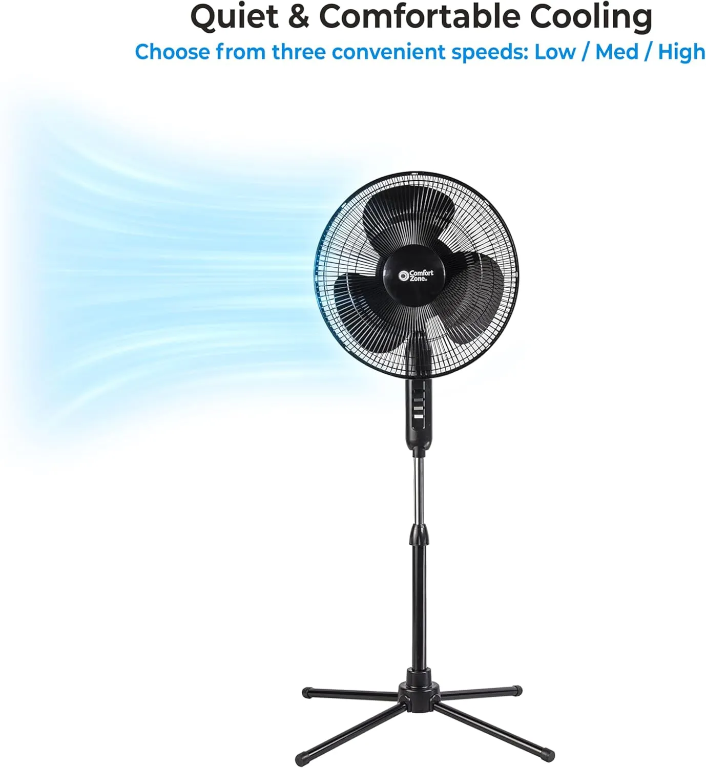 Comfort Zone Electric Oscillating Pedestal Fan, Stand Fan, 16 inch, 3 Speed, 90 Degree Oscillating Head, Adjustable Height and Tilt, Airflow 7.48 ft/sec, Ideal for Home, Bedroom & Office, CZST161BTEBK