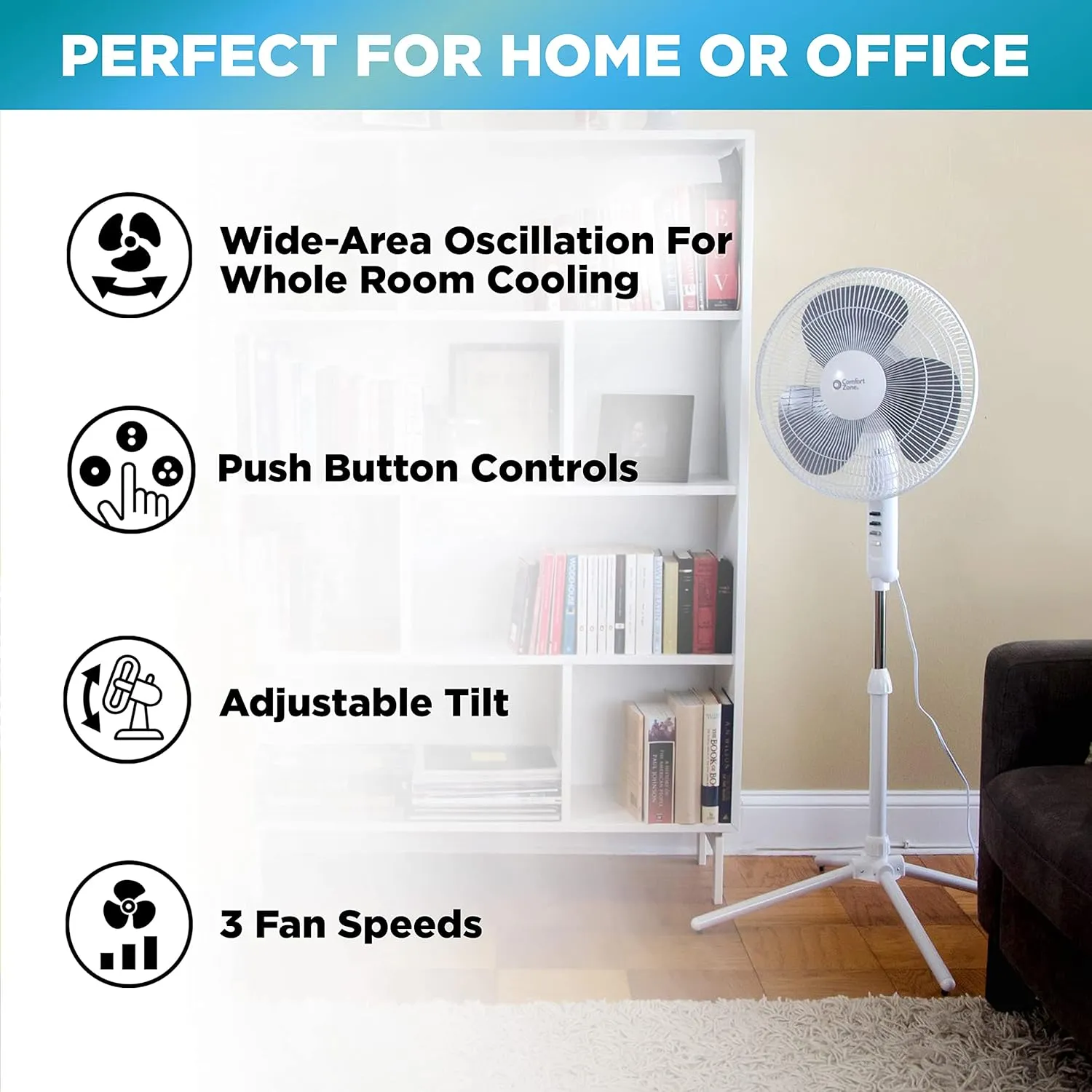 Comfort Zone Stand Fan, 16 inch Pedestal Fan for Bedroom, 3 Speed Floor Fan, 90 Degree Oscillation, Adjustable Height, Adjustable Tilt, Oscillating Air Circulator, Quiet Fan for Home or Office, White