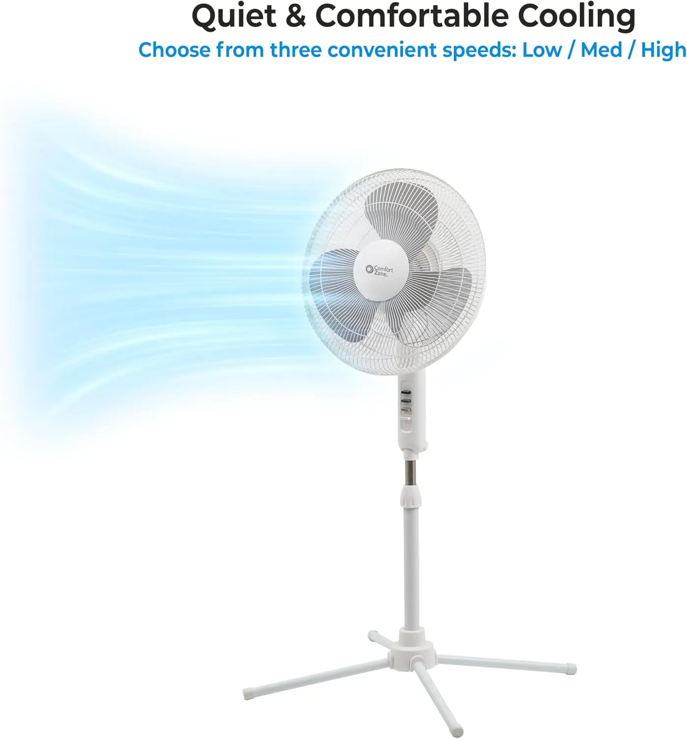 Comfort Zone Stand Fan, 16 inch Pedestal Fan for Bedroom, 3 Speed Floor Fan, 90 Degree Oscillation, Adjustable Height, Adjustable Tilt, Oscillating Air Circulator, Quiet Fan for Home or Office, White