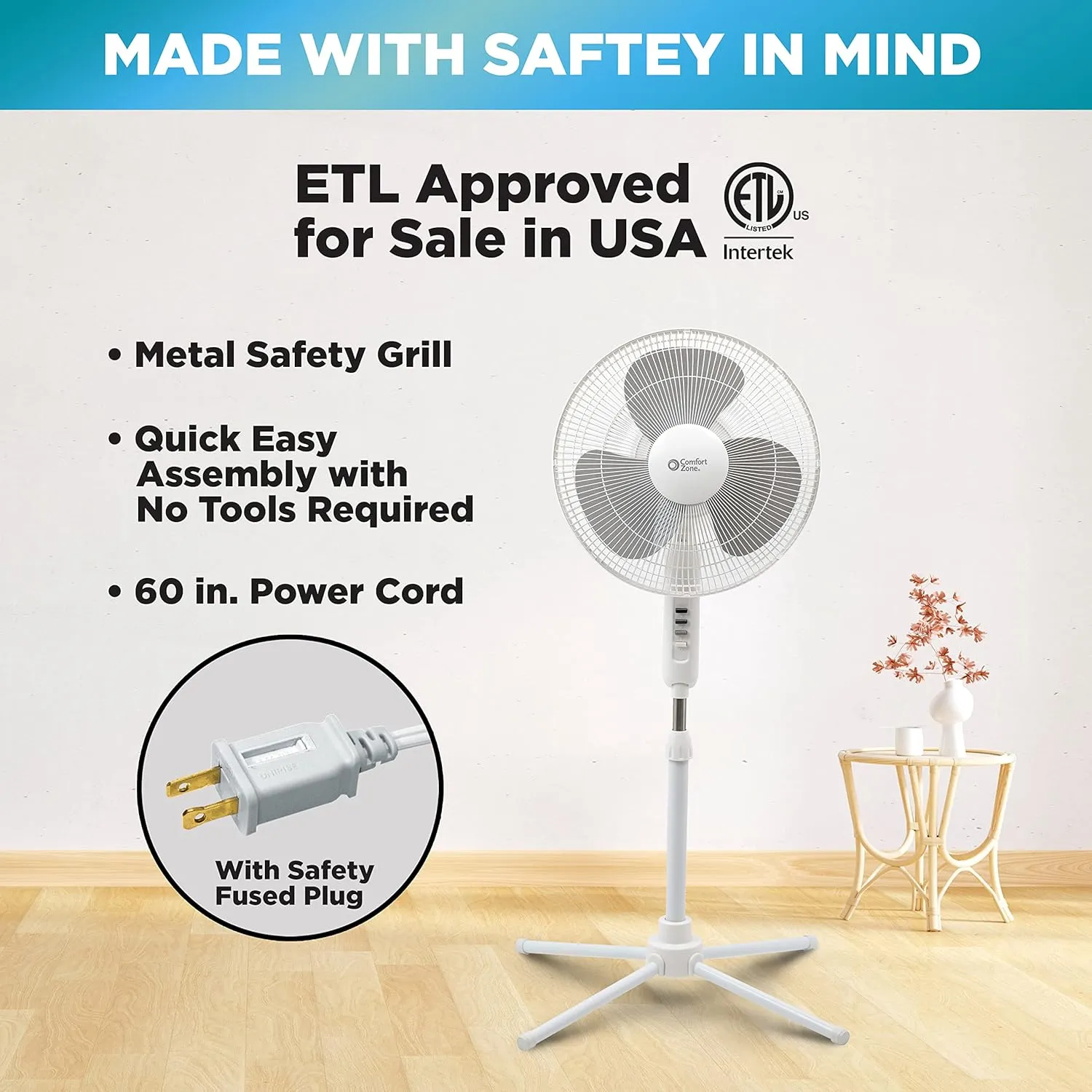 Comfort Zone Stand Fan, 16 inch Pedestal Fan for Bedroom, 3 Speed Floor Fan, 90 Degree Oscillation, Adjustable Height, Adjustable Tilt, Oscillating Air Circulator, Quiet Fan for Home or Office, White