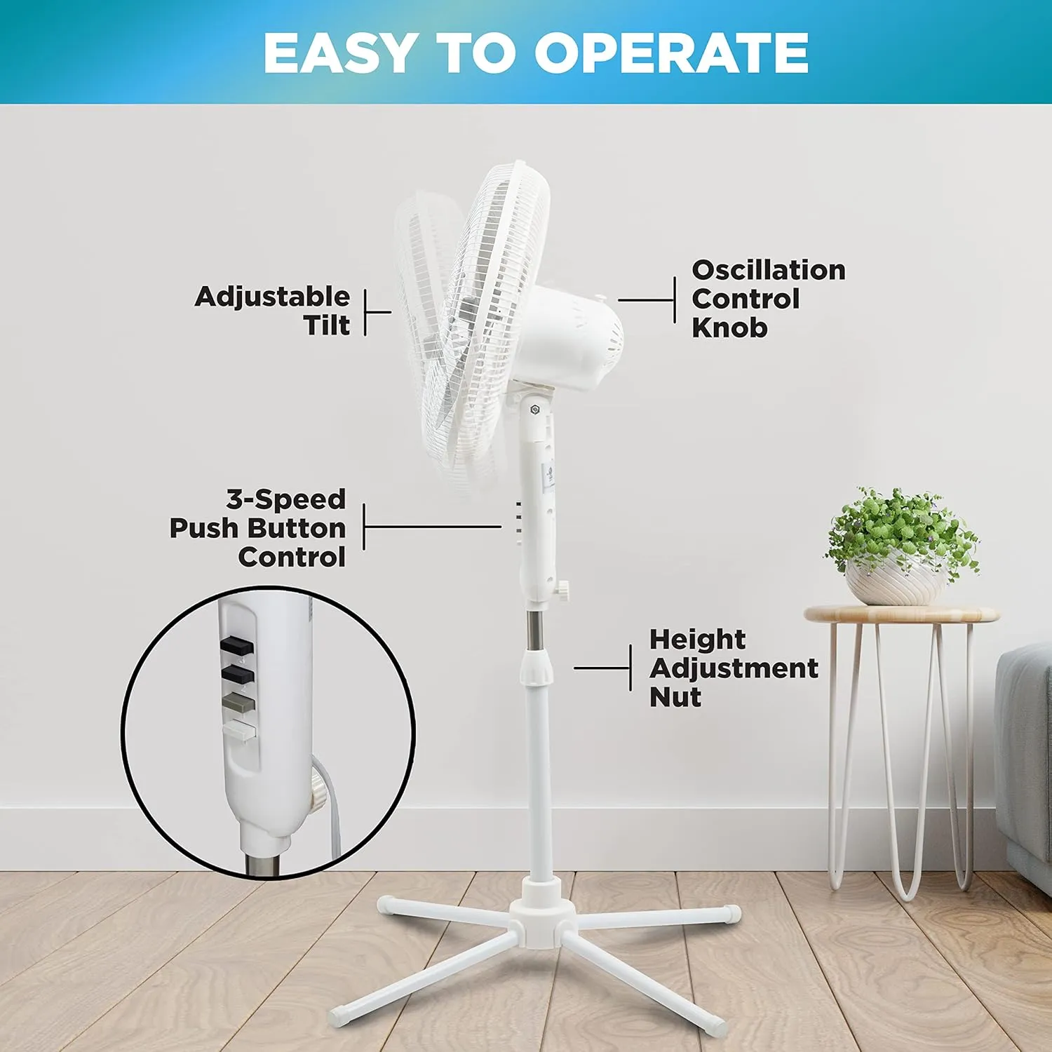 Comfort Zone Stand Fan, 16 inch Pedestal Fan for Bedroom, 3 Speed Floor Fan, 90 Degree Oscillation, Adjustable Height, Adjustable Tilt, Oscillating Air Circulator, Quiet Fan for Home or Office, White