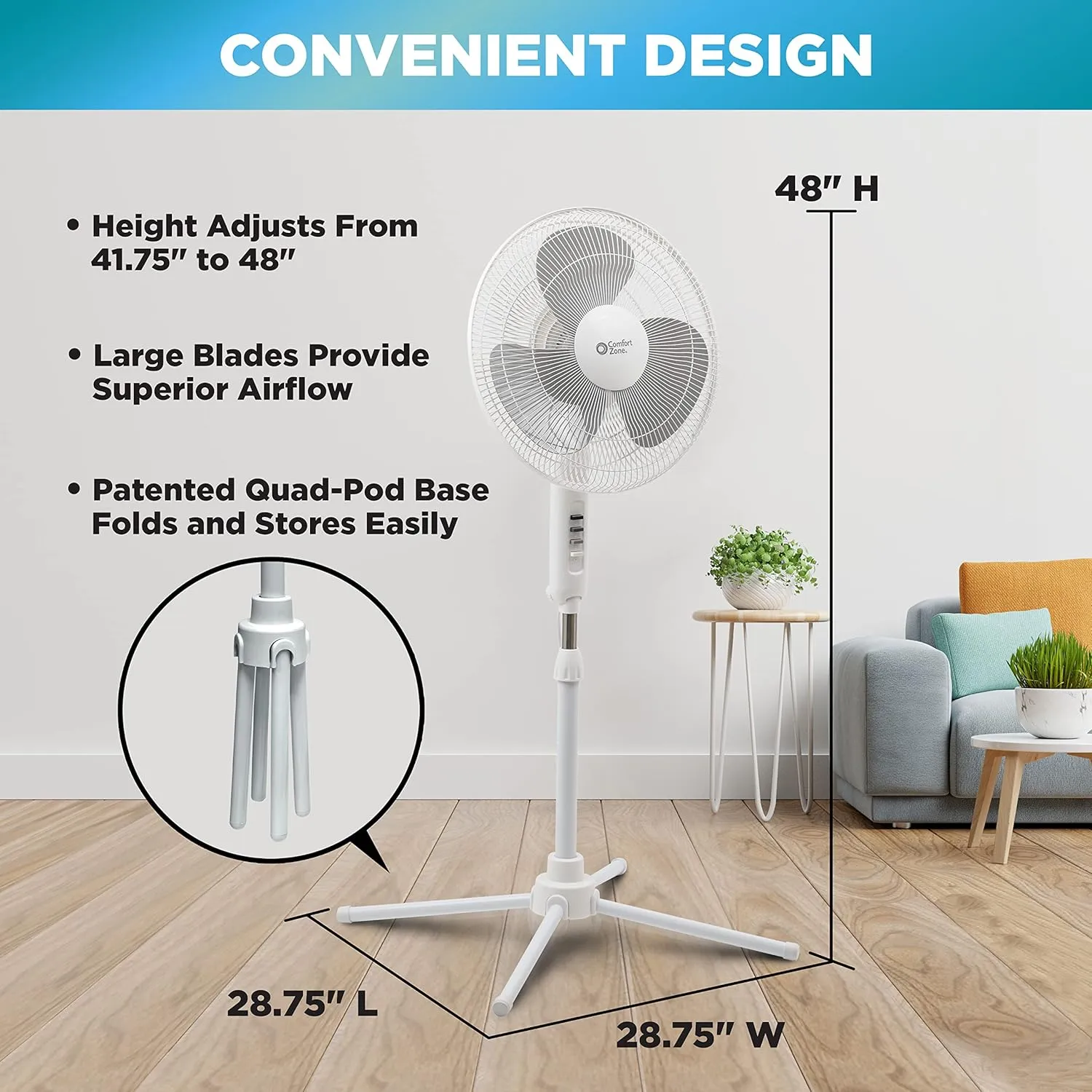 Comfort Zone Stand Fan, 16 inch Pedestal Fan for Bedroom, 3 Speed Floor Fan, 90 Degree Oscillation, Adjustable Height, Adjustable Tilt, Oscillating Air Circulator, Quiet Fan for Home or Office, White