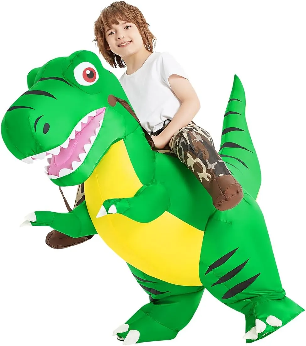COMIN Inflatable Dinosaur Costume Kids Halloween Blow up Costumes Boys Girls Funny Riding T Rex Air Green Costume Party