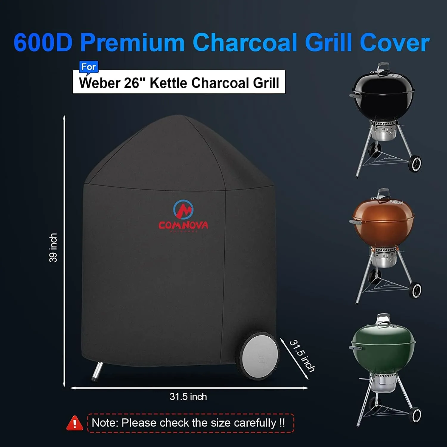Comnova Charcoal Kettle Grill Cover - 7153 BBQ Cover for Weber 26 Inch Original Kettle Charcoal Grill, 600D Heavy Duty & Waterproof Cover for 26 Inch Weber, Cuisinart and Char-Griller Charcoal Grill