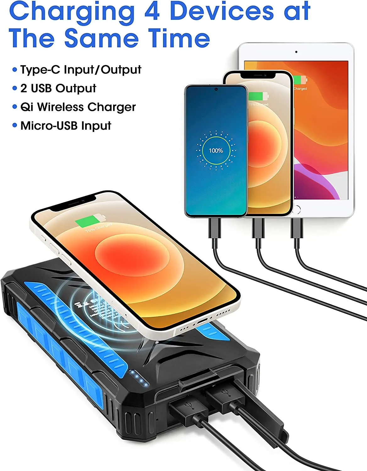 COOLWUFAN 36000mAh Solar Power Bank, Qi Wireless Solar Portable Charger with LED Flashlights, Dual Outputs & Inputs Huge Capacity Battery Pack for Outdoor Activities Camera Cell Phones Consoles MP3 MP4
