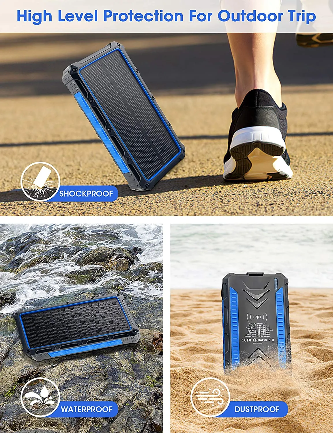 COOLWUFAN 36000mAh Solar Power Bank, Qi Wireless Solar Portable Charger with LED Flashlights, Dual Outputs & Inputs Huge Capacity Battery Pack for Outdoor Activities Camera Cell Phones Consoles MP3 MP4