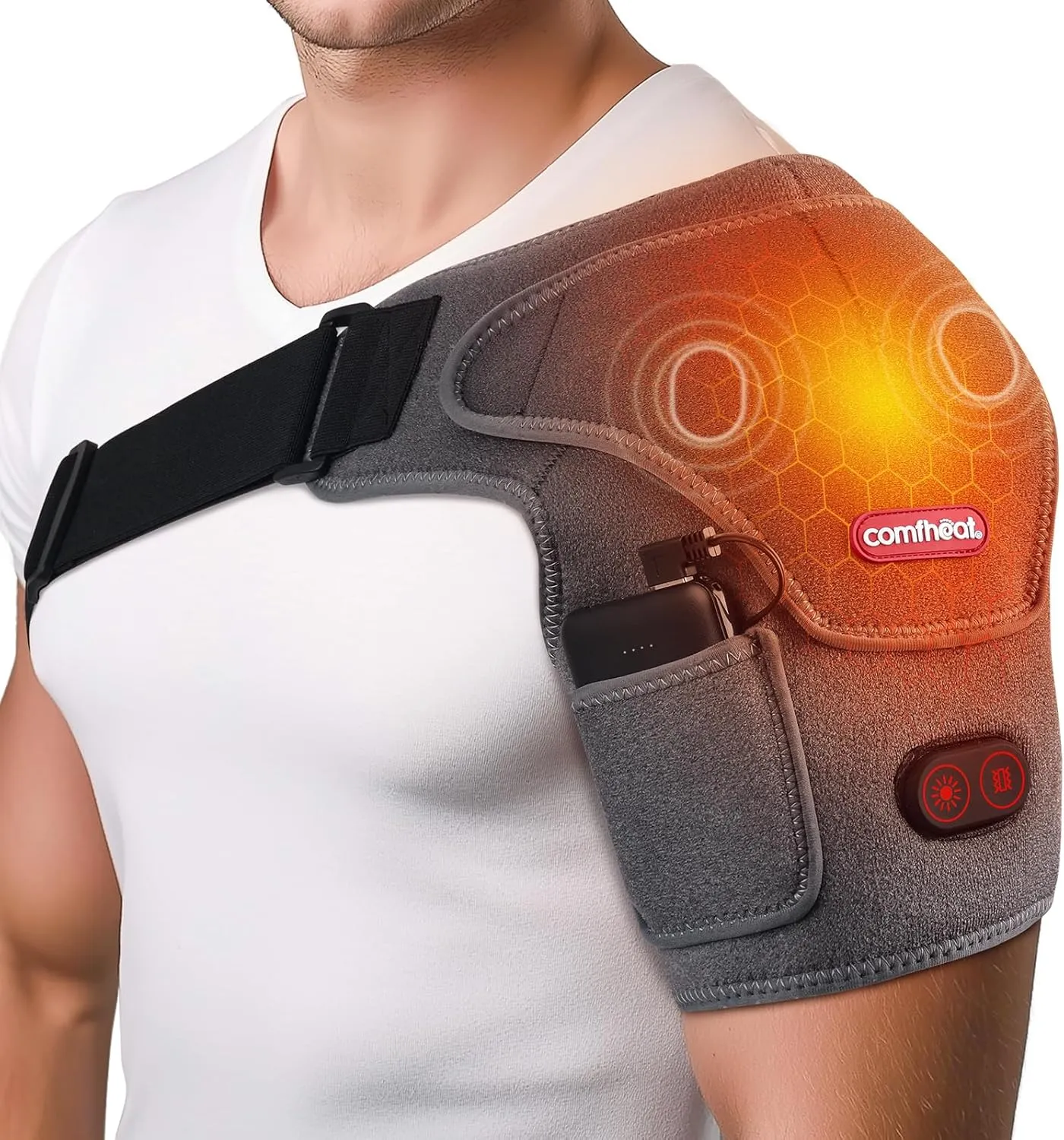 Cordless Shoulder Heating Pad with Vibration Massage for Frozen Shoulder Rotator Cuff Pain Relief, Rechargeable Heated Shoulder Wrap Brace Support for Men & Women, Easy Wear Design
