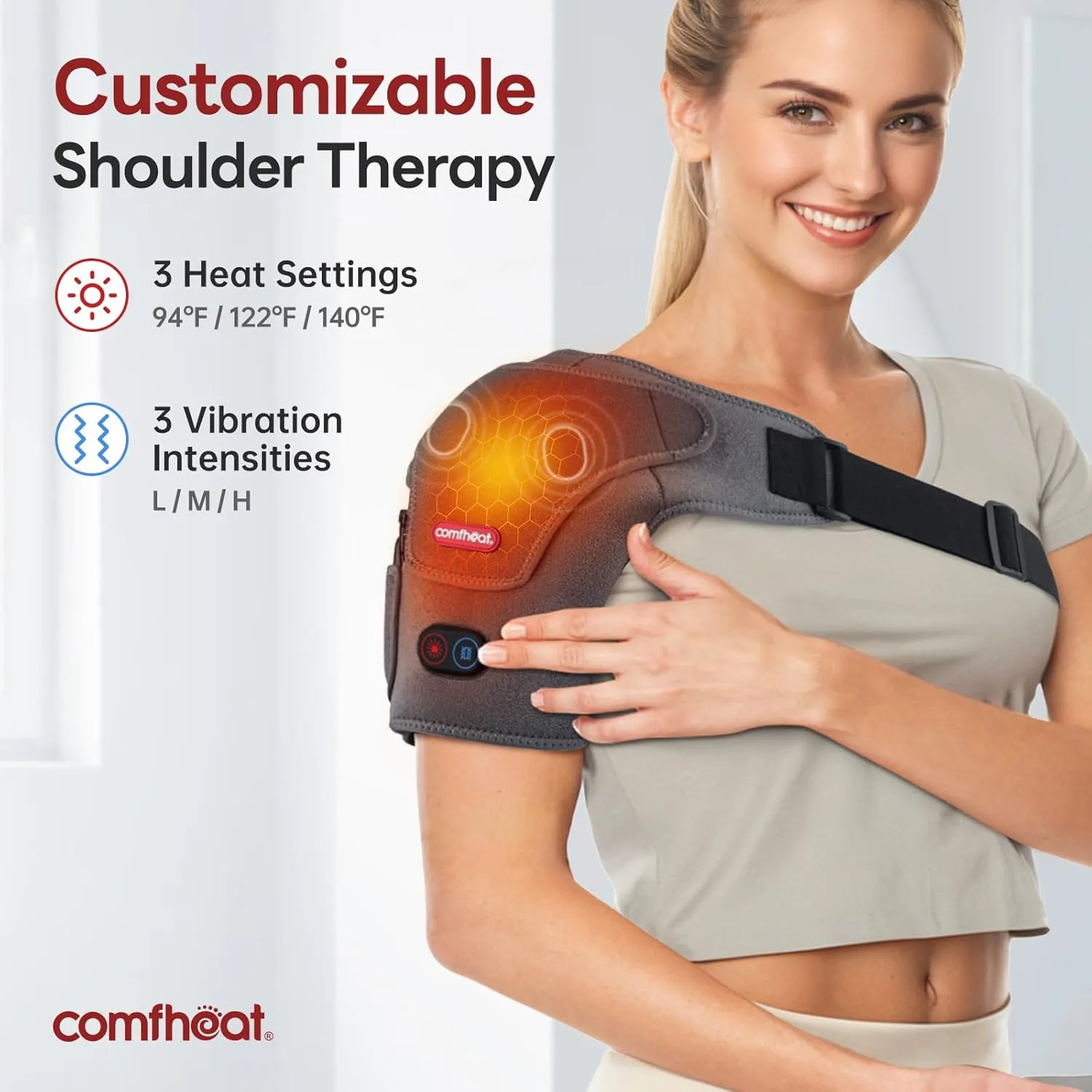 Cordless Shoulder Heating Pad with Vibration Massage for Frozen Shoulder Rotator Cuff Pain Relief, Rechargeable Heated Shoulder Wrap Brace Support for Men & Women, Easy Wear Design