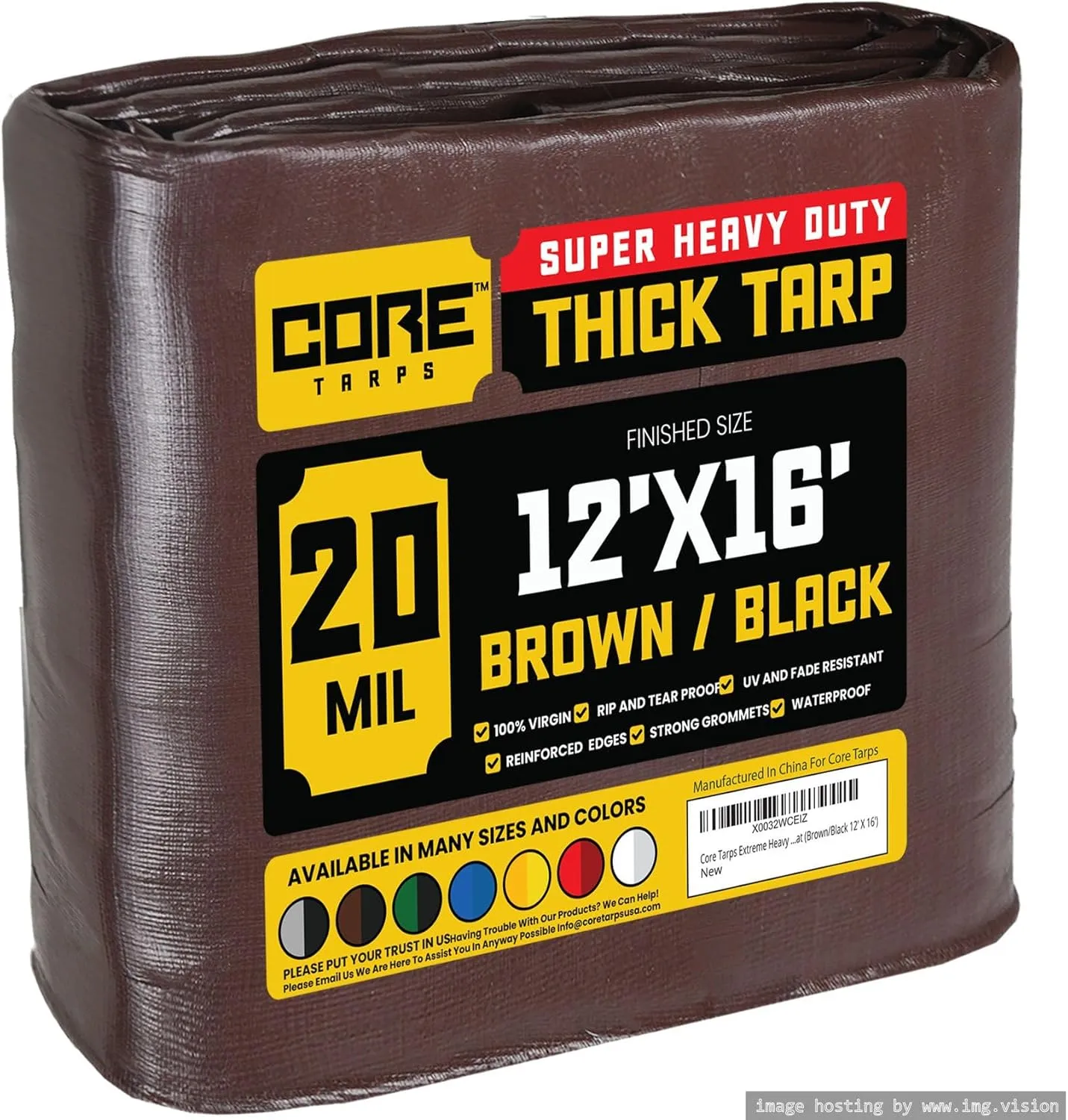 Core Tarps Extreme Heavy Duty 20 Mil Tarp Cover, Waterproof, UV Resistant, Rip and Tear Proof, Poly Tarpaulin with Reinforced Edges for Roof, Camping, Patio, Pool, Boat (Brown/Black 12′ X 16′)