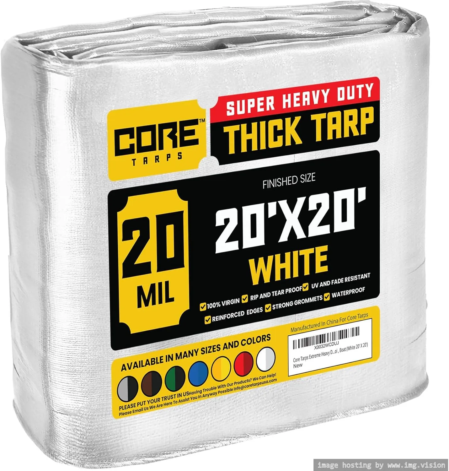 Core Tarps Extreme Heavy Duty 20 Mil Tarp Cover, Waterproof, UV Resistant, Rip and Tear Proof, Poly Tarpaulin with Reinforced Edges for Roof, Camping, Patio, Pool, Boat (White 20′ X 20′)