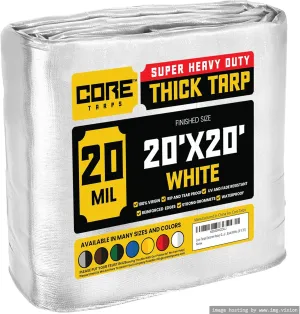 Core Tarps Extreme Heavy Duty 20 Mil Tarp Cover, Waterproof, UV Resistant, Rip and Tear Proof, Poly Tarpaulin with Reinforced Edges for Roof, Camping, Patio, Pool, Boat (White 20′ X 20′)