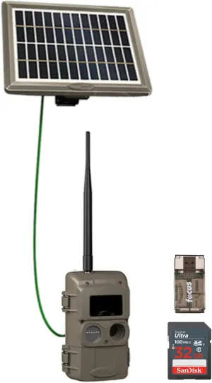 Cuddeback CuddeLink Wireless Trail Camera 3rd Gen Sensor, Low-Glow IR LED Camera with Antenna Bundle Solar Power Bank, 32 GB Memory Card, and Card Reader (4 Items)