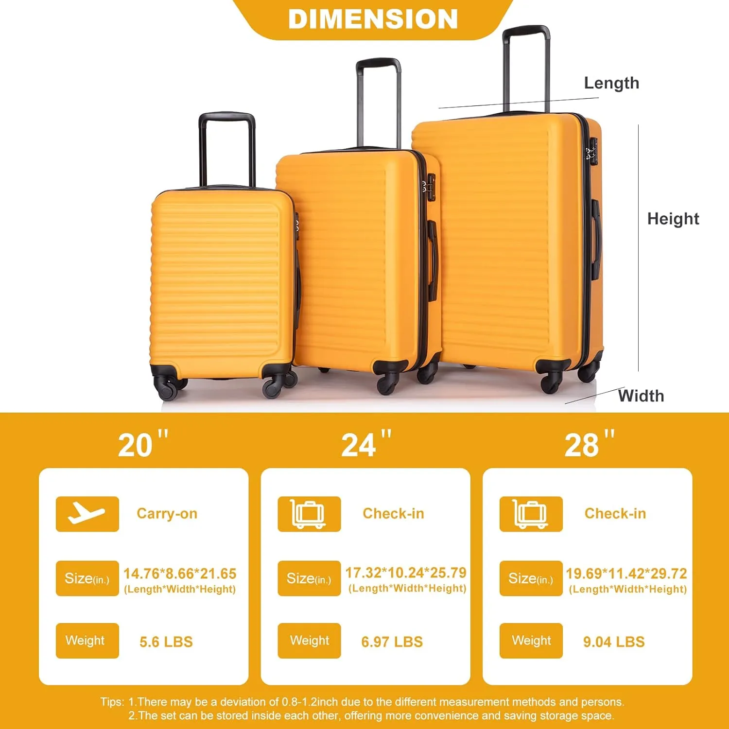 CuisinSmart 3 Piece Hardshell Luggage Sets Lightweight Suitcase With 2 Hooks, 360 Degree Spinner Wheels, TSA Lock For Travel (20"/24"/28") Orange As shown