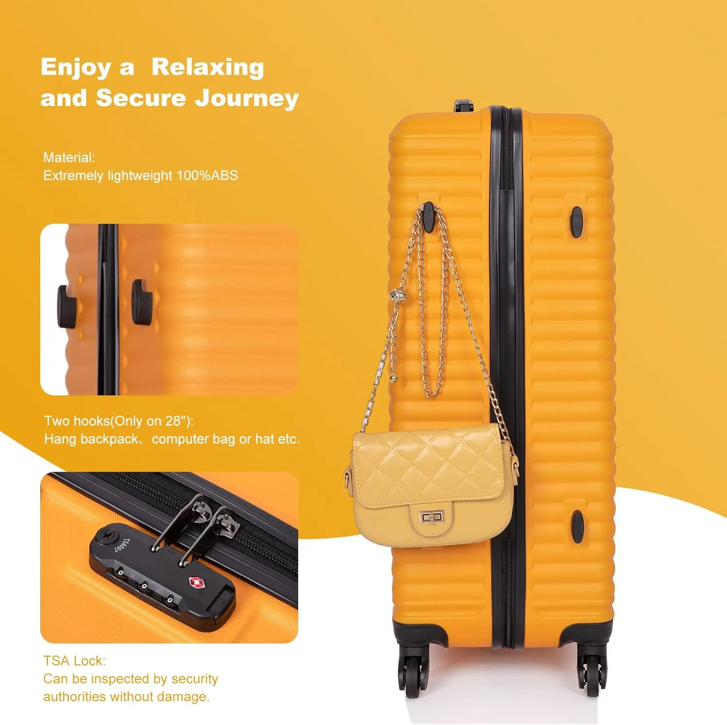 CuisinSmart 3 Piece Hardshell Luggage Sets Lightweight Suitcase With 2 Hooks, 360 Degree Spinner Wheels, TSA Lock For Travel (20"/24"/28") Orange As shown