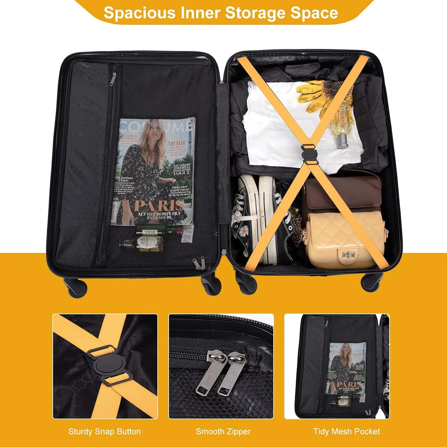 CuisinSmart 3 Piece Hardshell Luggage Sets Lightweight Suitcase With 2 Hooks, 360 Degree Spinner Wheels, TSA Lock For Travel (20"/24"/28") Orange As shown
