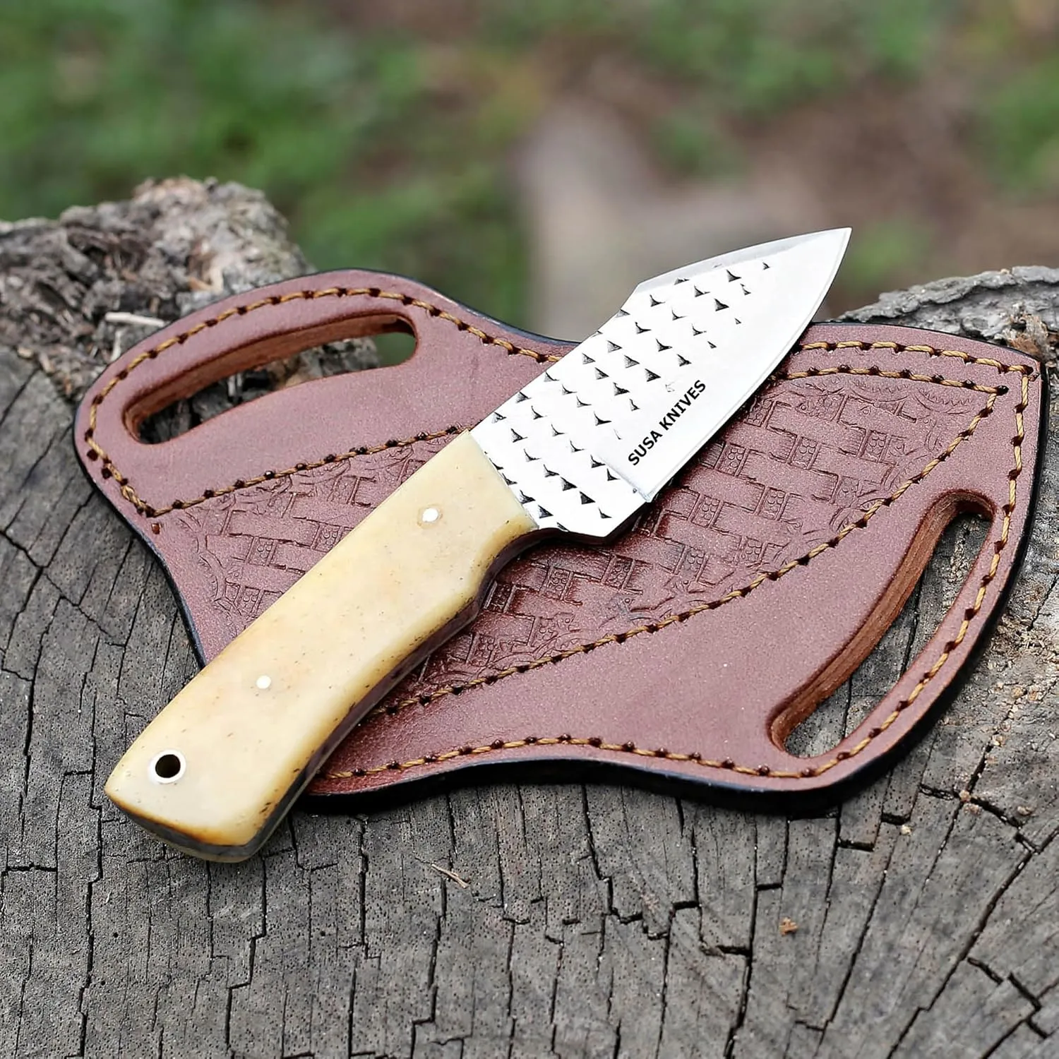 Custom Handmade 7'' fixed blade hoof rasp knife/Cow boy knife/Damascus steel Bull cutter knife, cowboy knives with pancake leather sheath (SUSA 120)