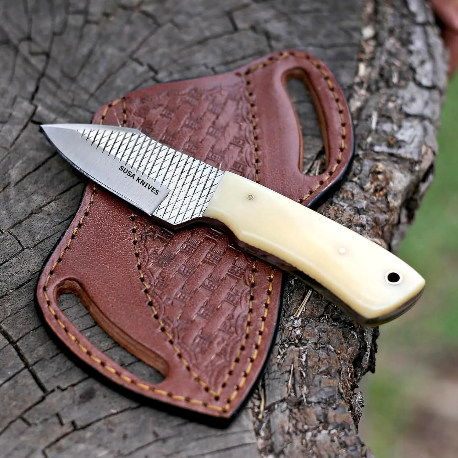Custom Handmade 7'' fixed blade hoof rasp knife/Cow boy knife/Damascus steel Bull cutter knife, cowboy knives with pancake leather sheath (SUSA 120)