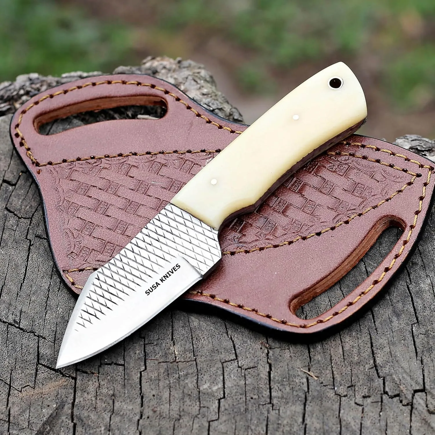 Custom Handmade 7'' fixed blade hoof rasp knife/Cow boy knife/Damascus steel Bull cutter knife, cowboy knives with pancake leather sheath (SUSA 120)