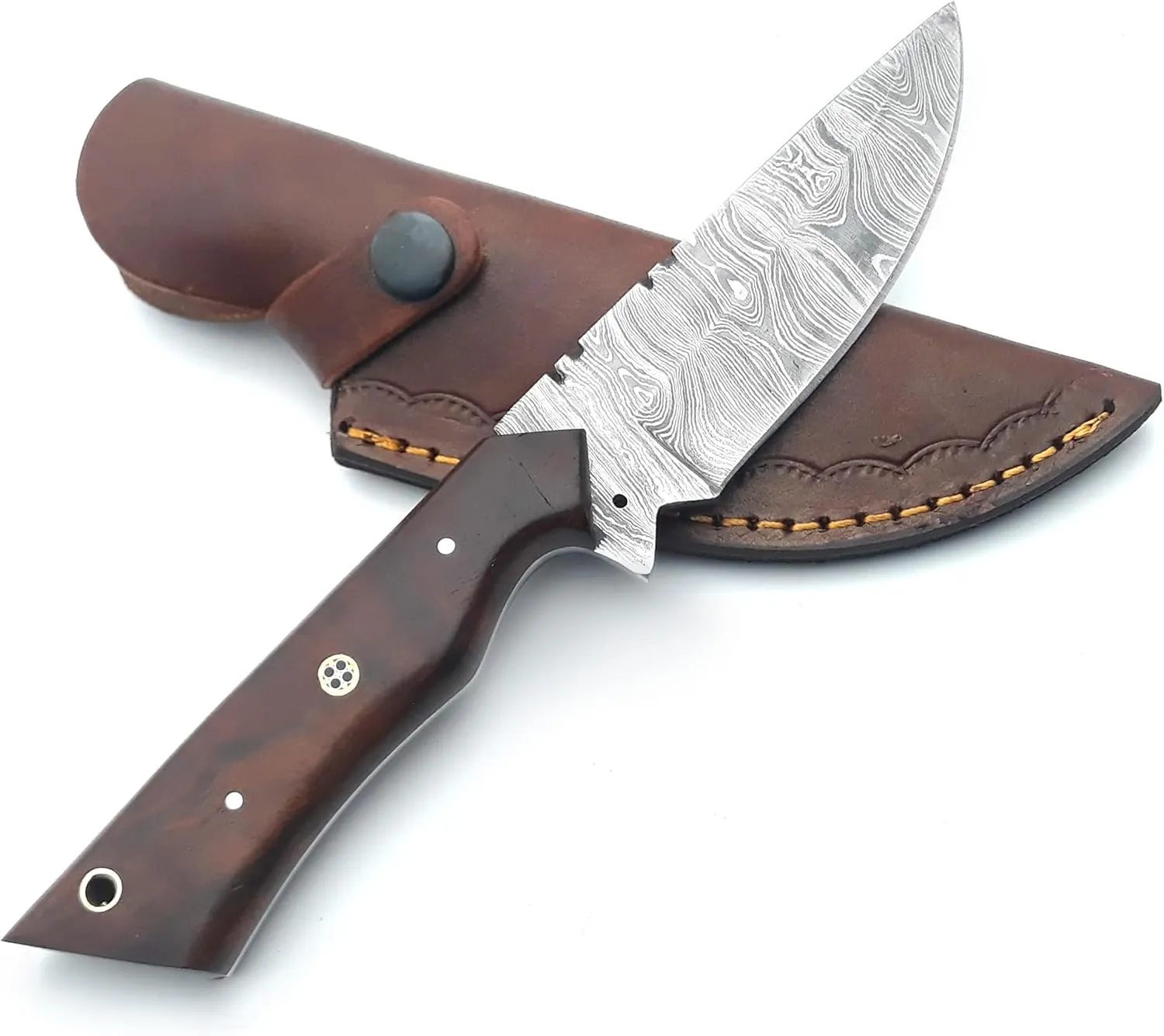 Custom Handmade Damascus Fixed Blade,Full Tang Hunting Knives With Leather Sheath (Gift) For Outdoor Camping. (Rose Wood Handle), PCL-0078